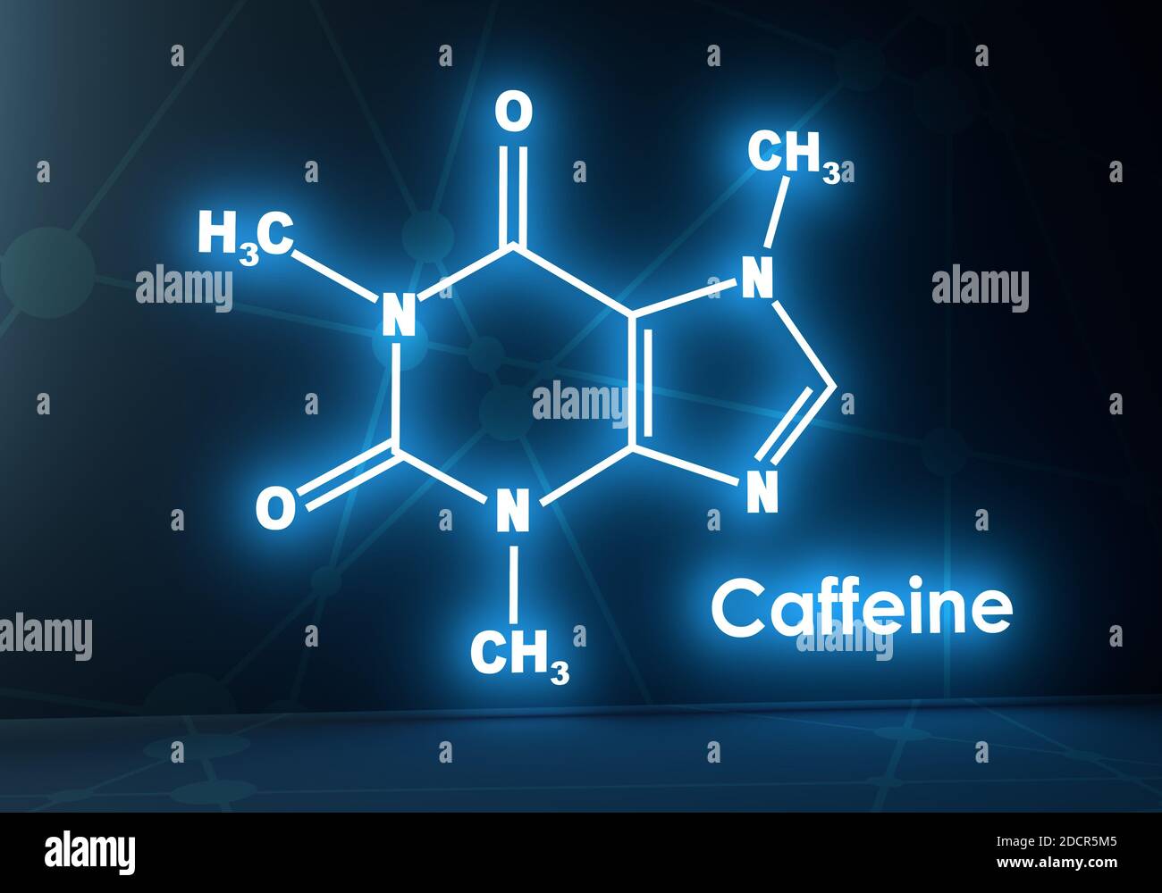 Formule moléculaire chimique de caféine. rendu 3d. Brillance des néons Banque D'Images