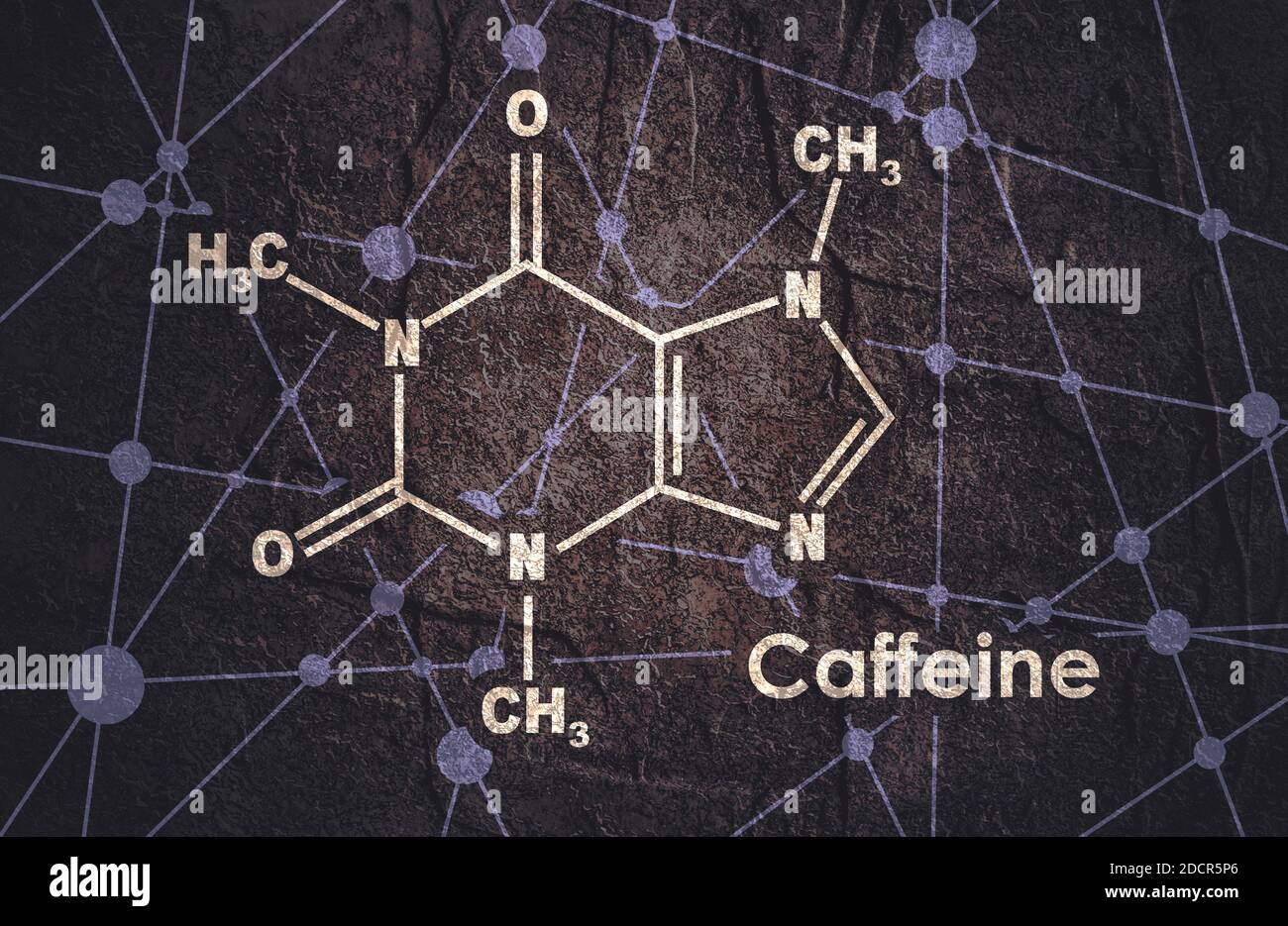 Formule moléculaire chimique de caféine. Lignes connectées avec arrière-plan points. Banque D'Images