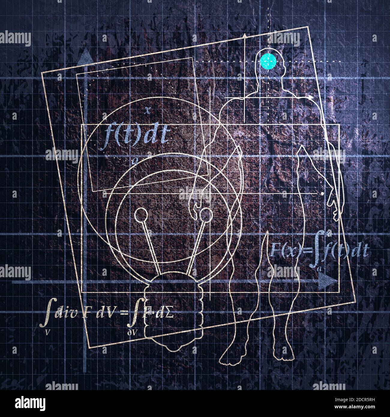Motif abstrait futuriste à lignes fines avec formule mathématique, silhouette humaine et formes géométriques. Mathématiques concept de tracé de projet dessiné. GRU Banque D'Images