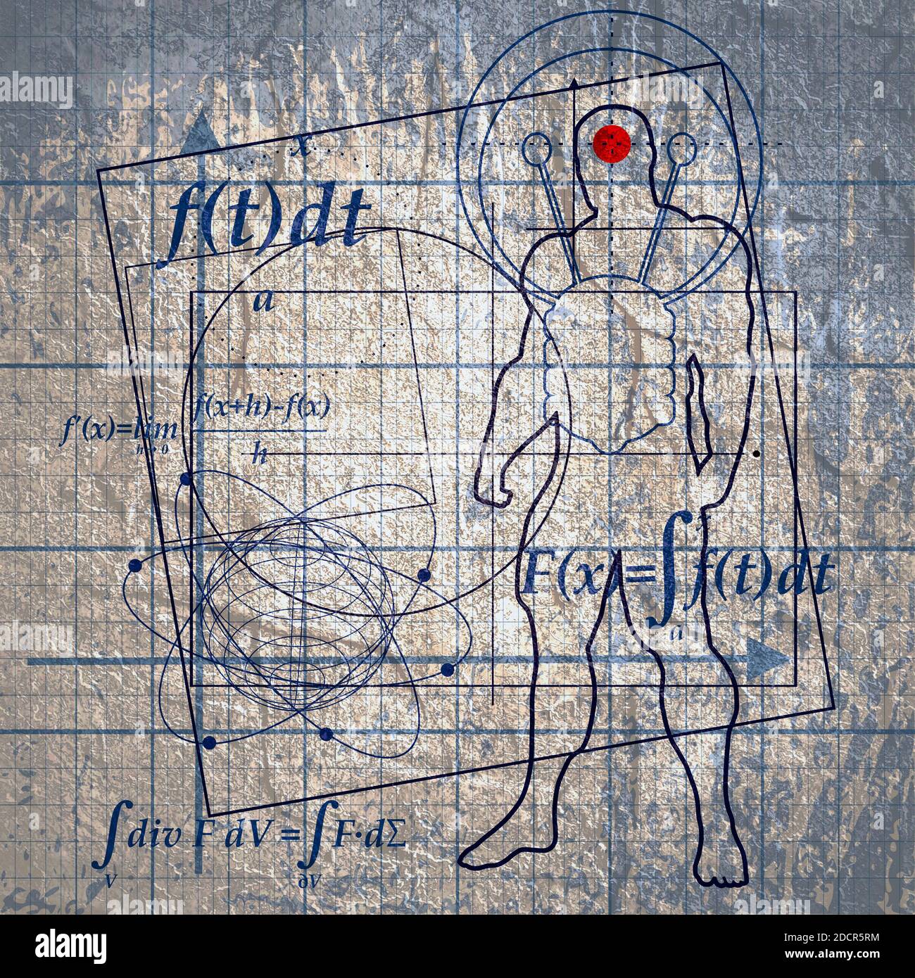 Motif abstrait futuriste à lignes fines avec formule mathématique, silhouette humaine et formes géométriques. Mathématiques concept de tracé de projet dessiné. GRU Banque D'Images