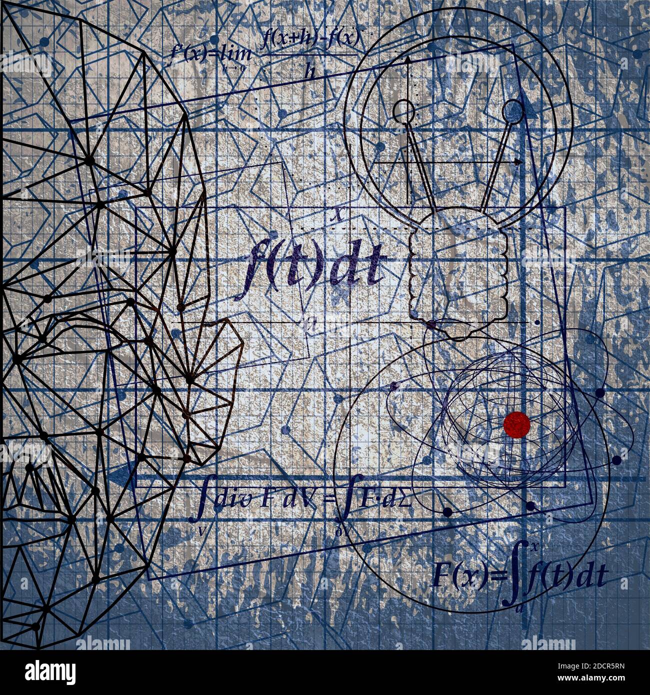 Motif abstrait futuriste à lignes fines avec formule mathématique, silhouette humaine et formes géométriques. Mathématiques concept de tracé de projet dessiné. GRU Banque D'Images