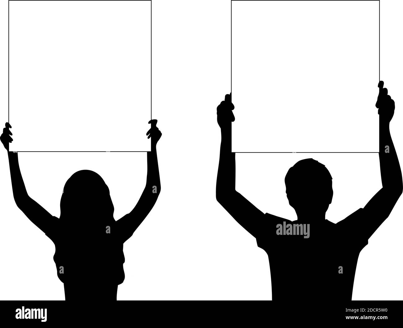 Silhouettes hommes et femmes tient la bannière écriteau blanc feuille pour la fermeture de l'espace de texte Illustration de Vecteur