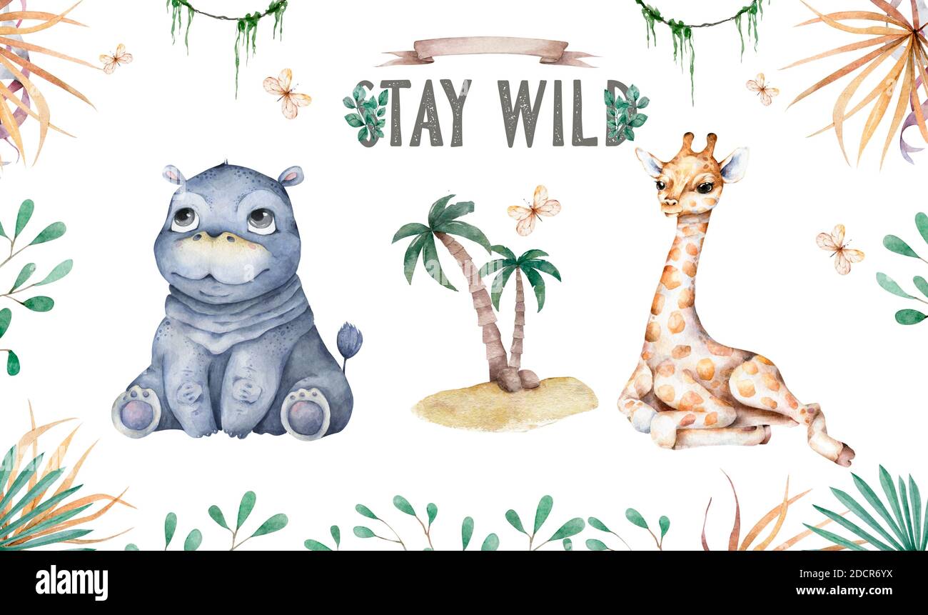 Mignon Bebe Hippo Avec Mere Dessin Main Adorable Aquarelle Illustration Safari Animal Sur Fond Blanc Photo Stock Alamy