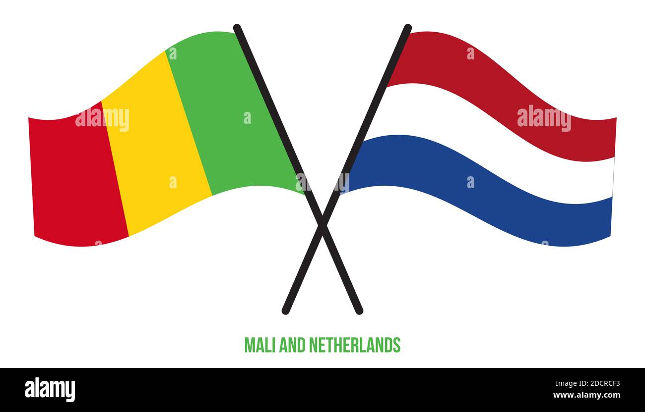 Mali et pays-Bas drapeaux croisés et ondulant le style plat. Proportion officielle. Corriger les couleurs. Banque D'Images