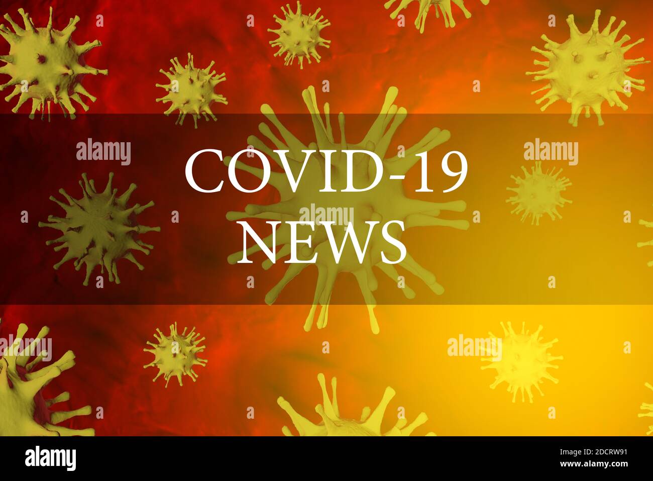 Nouvelles du coronavirus. Dernières nouvelles de la pandémie Covid-19. Bannière avec un en-tête pour un site Web avec des bactéries virus. Rendu 3D. Banque D'Images