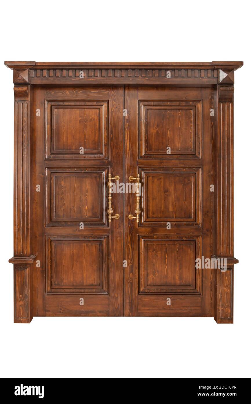 Porte en bois isolé sur fond blanc. Banque D'Images