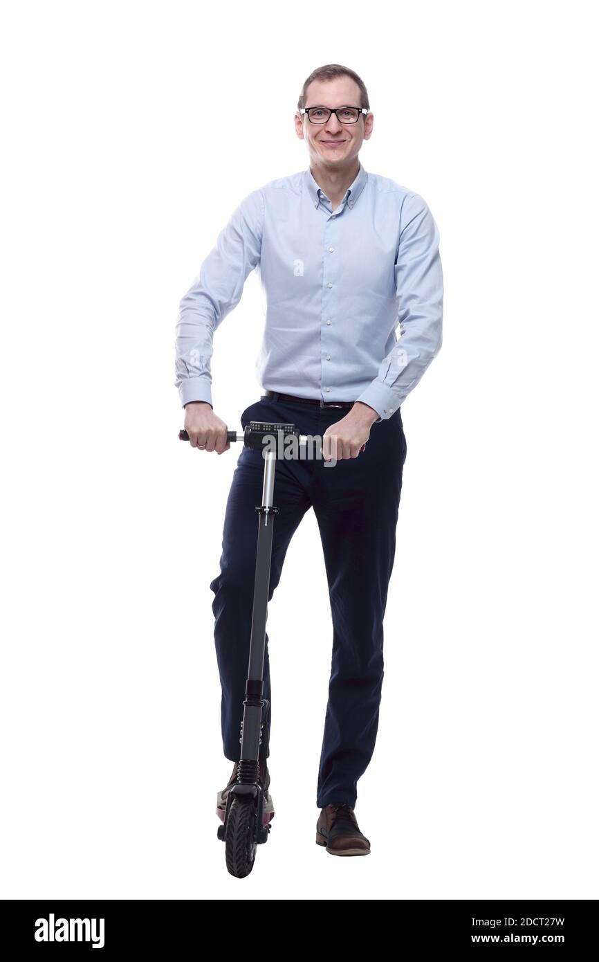 homme décontracté avec scooter électrique. isolé sur un blanc Banque D'Images