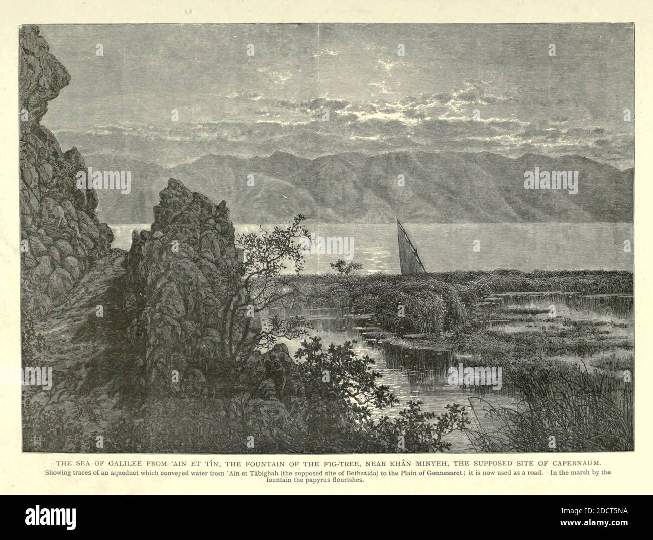 Gravure sur le bois de la mer de Galilée de 'Ain et Tin, la fontaine du figuier, près de Khan Minyeh, le soi-disant site de Capharnaüm de la pittoresque Palestine, Sinaï et Égypte par Wilson, Charles William, Sir, 1836-1905; Lane-Poole, Stanley, 1854-1931 Volume 2. Publié à New York par D. Appleton en 1881-1884 Banque D'Images