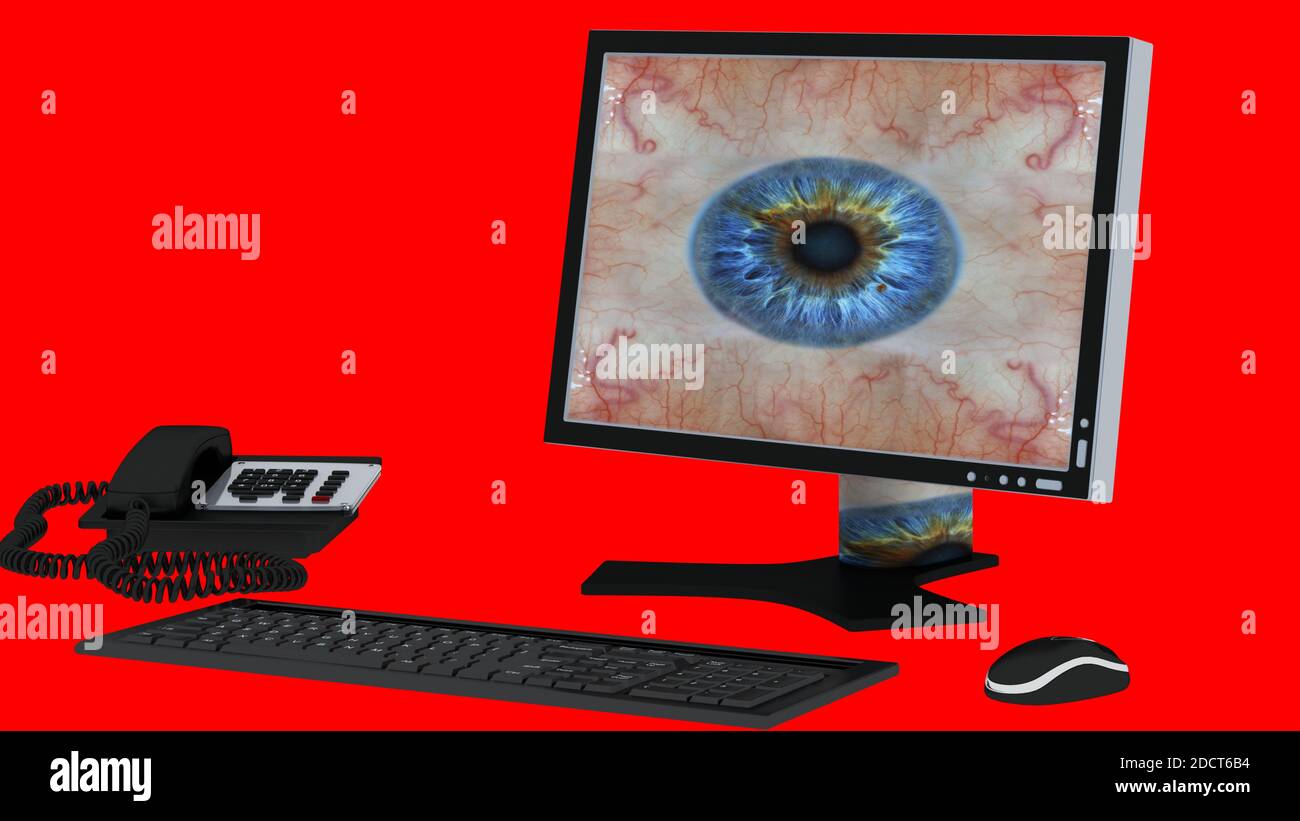 bureau, clavier et souris avec téléphone isolé sur fond rouge. rendu 3d Banque D'Images