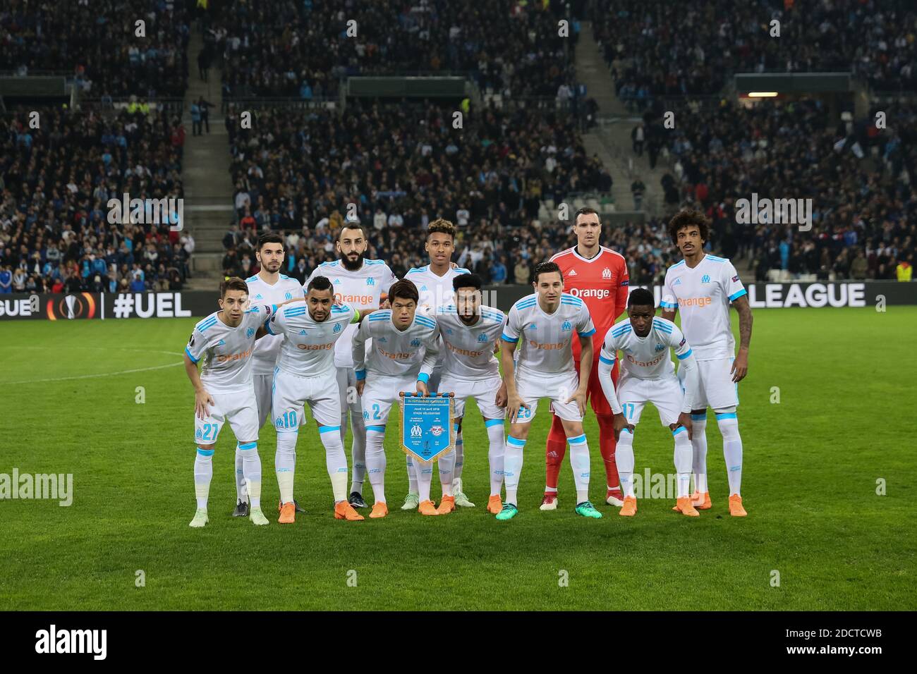 L'équipe de Marseille avant le match de football 8 de l'UEFA Europa League, Olympique de Marseille contre Red Bull Leipzig au Stade Vélodrome de Marseille, France, le 12 avril 2018. Photo de Guillaume Chagnard/ABACAPRESS.COM Banque D'Images