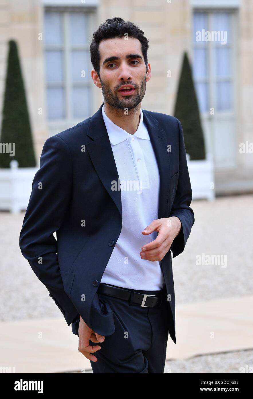 Le champion olympique Martin Fourcade arrive à l'Elysee Palace pour une cérémonie de remise des prix présidée par le président français Emmanuel Macron, rassemblant des athlètes français qui ont participé aux Jeux Olympiques d'hiver de Pyeongchang 2018 à Paris, France, le 13 avril 2018. Photo de Christian Liewig/ABACAPRESS.COM Banque D'Images