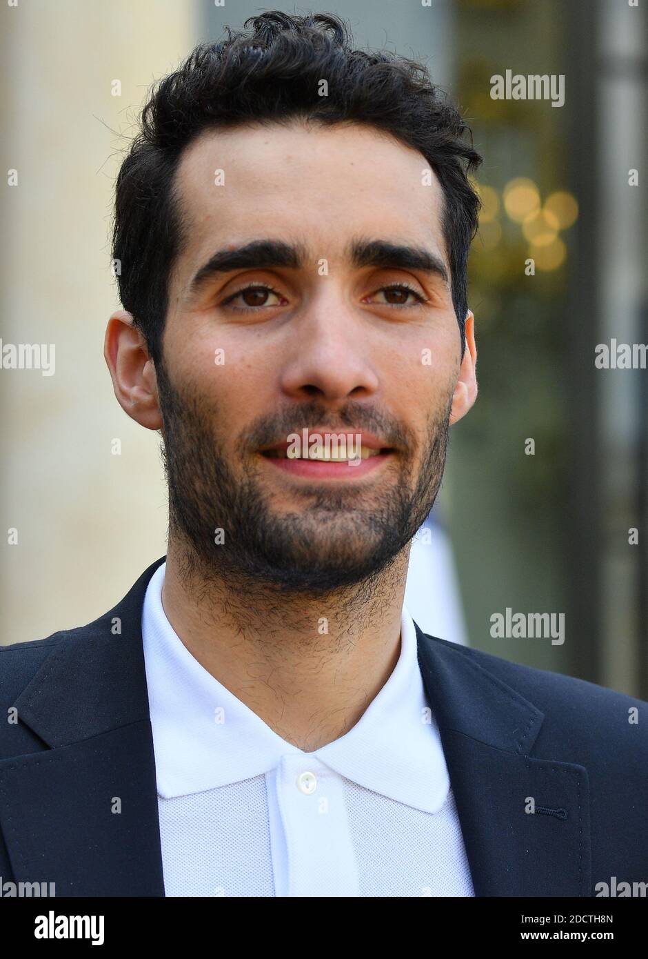 Le champion olympique Martin Fourcade arrive à l'Elysee Palace pour une cérémonie de remise des prix présidée par le président français Emmanuel Macron, rassemblant des athlètes français qui ont participé aux Jeux Olympiques d'hiver de Pyeongchang 2018 à Paris, France, le 13 avril 2018. Photo de Christian Liewig/ABACAPRESS.COM Banque D'Images