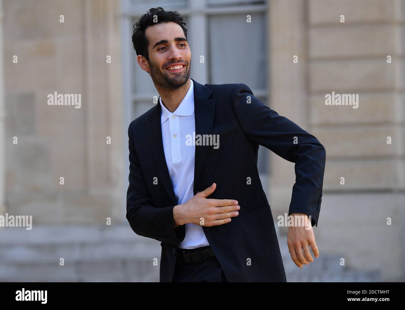 Le champion olympique Martin Fourcade arrive à l'Elysee Palace pour une cérémonie de remise des prix présidée par le président français Emmanuel Macron, rassemblant des athlètes français qui ont participé aux Jeux Olympiques d'hiver de Pyeongchang 2018 à Paris, France, le 13 avril 2018. Photo de Christian Liewig/ABACAPRESS.COM Banque D'Images