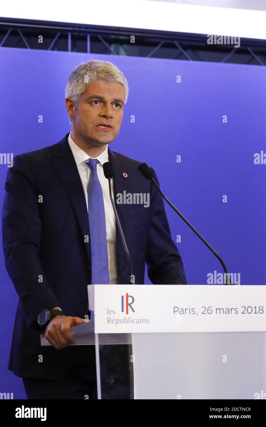Laurent Wauquiez, Président du parti des Républicains, tient une conférence de presse sur l'attentat terroriste à Trebes, dans le sud-ouest de la France, le 26 mars 2018 au siège des Républicains, à Paris, en France. Il y a trois jours, au supermarché Super U de Trebes, un homme a pris des otages dans une série d'attaques qui ont fait quatre morts. Photo de Henri Szwarc/ABACAPRESS.COM Banque D'Images