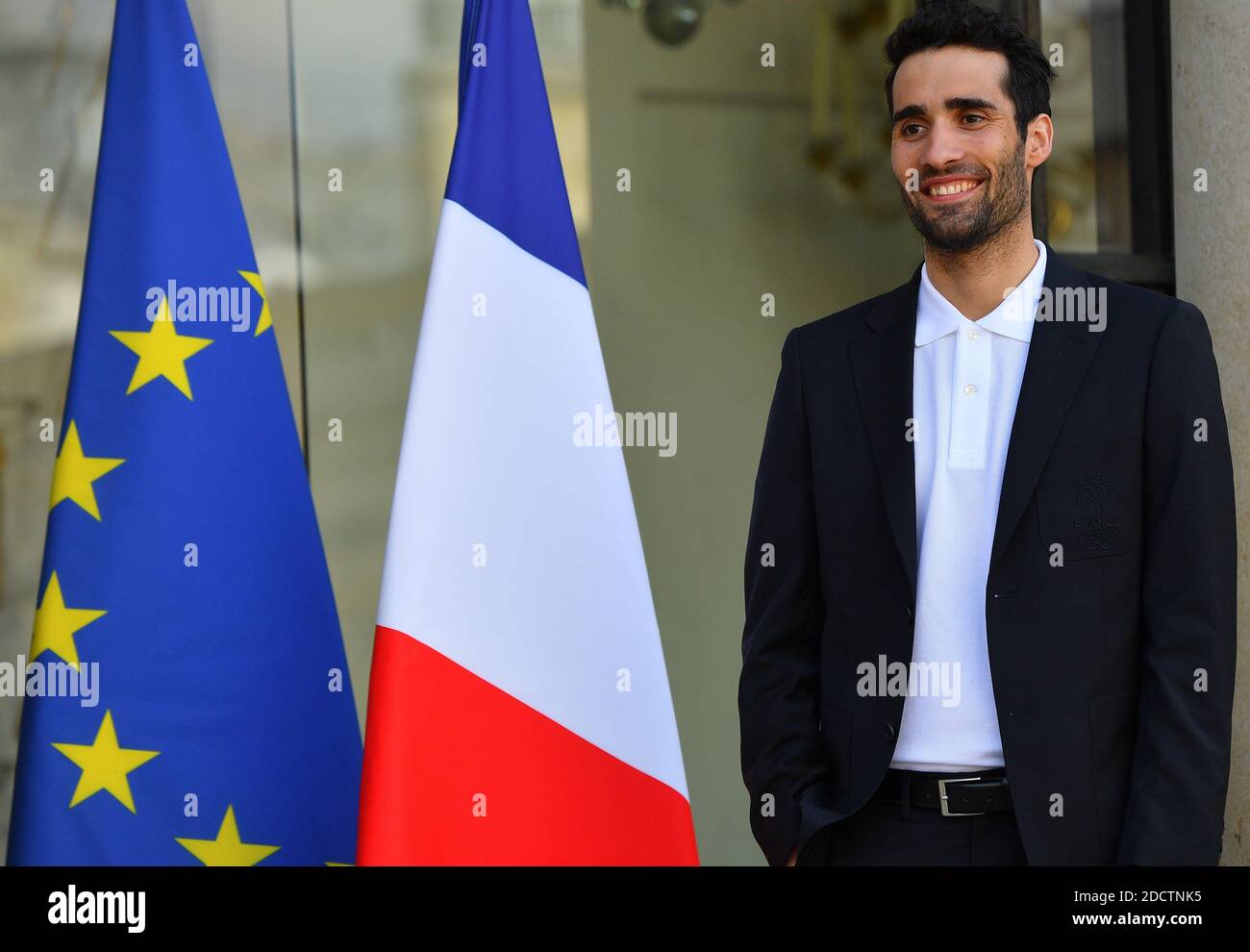 Le champion olympique Martin Fourcade arrive à l'Elysee Palace pour une cérémonie de remise des prix présidée par le président français Emmanuel Macron, rassemblant des athlètes français qui ont participé aux Jeux Olympiques d'hiver de Pyeongchang 2018 à Paris, France, le 13 avril 2018. Photo de Christian Liewig/ABACAPRESS.COM Banque D'Images