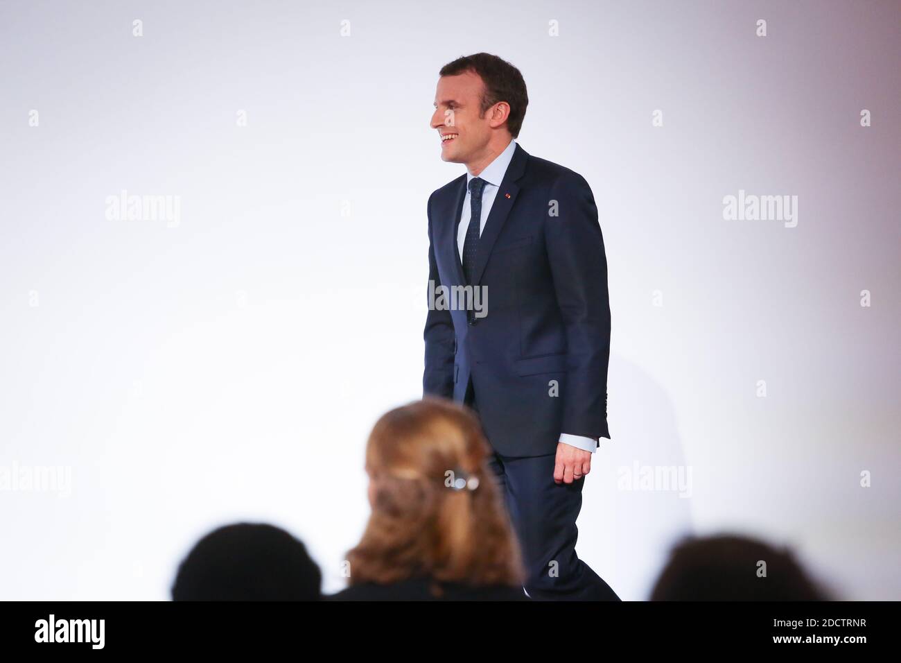 Le président français Emmanuel Macron s'exprime au palais présidentiel de l'Elysée le 13 avril 2018 à Paris lors d'une cérémonie de remise de prix réunissant des athlètes français qui ont participé aux Jeux olympiques d'hiver de Pyeongchang en 2018. Photo de Hamilton/pool/ABACAPRESS.COM Banque D'Images