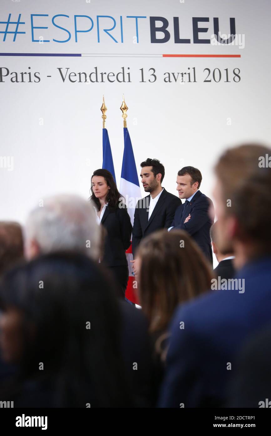 Le président français Emmanuel Macron s'exprime au palais présidentiel de l'Elysée le 13 avril 2018 à Paris lors d'une cérémonie de remise de prix réunissant des athlètes français qui ont participé aux Jeux olympiques d'hiver de Pyeongchang en 2018. Photo de Hamilton/pool/ABACAPRESS.COM Banque D'Images