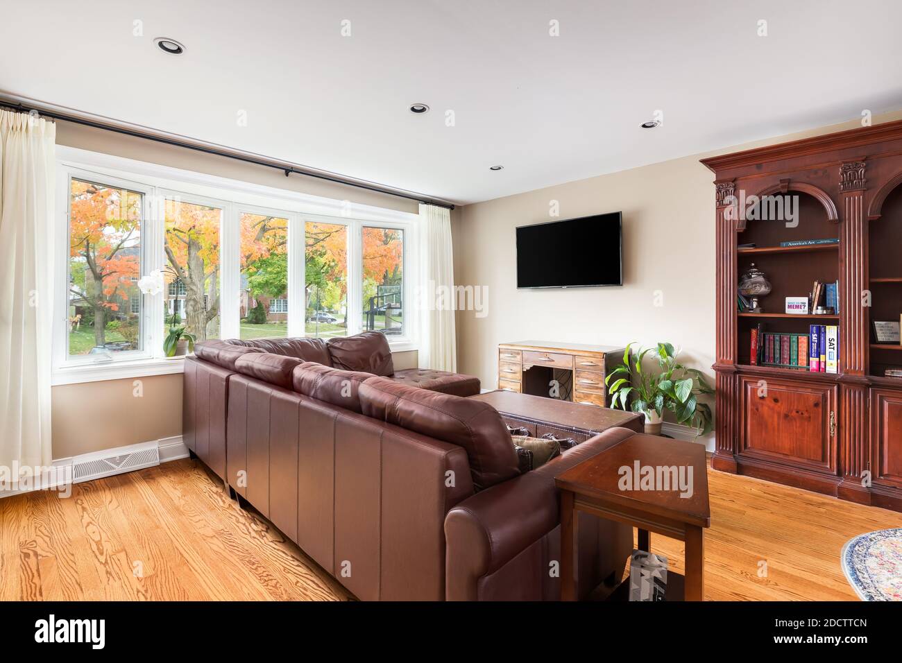 Un salon confortable avec un canapé en cuir en face d'une télévision montée  et une vue sur quelques beaux, coloré automne laisse dehors Photo Stock -  Alamy