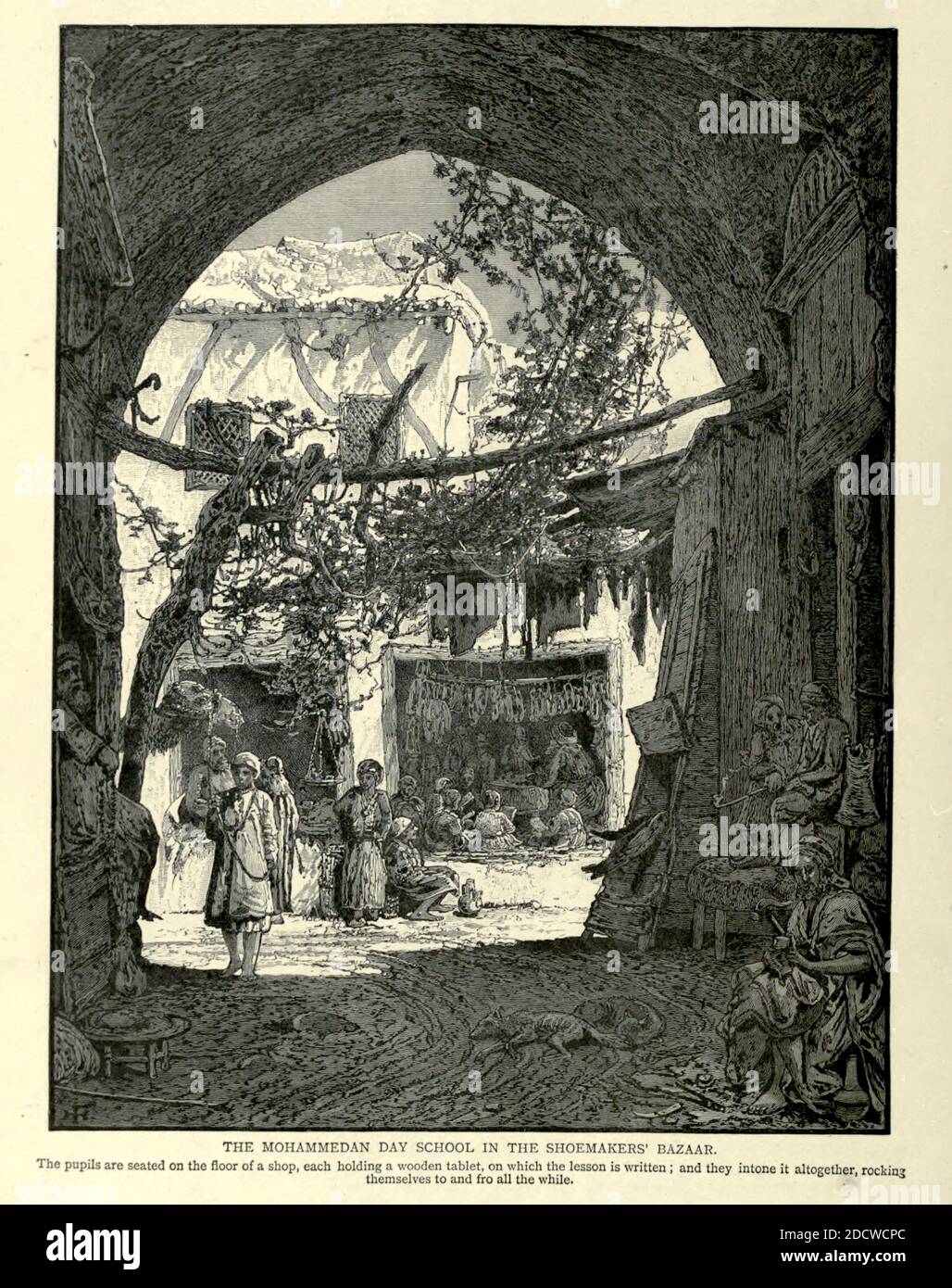 Gravure sur le bois d'une école de jour de Mohommetan dans le bazar des cordonniers, Damas, Syrie de la Palestine pittoresque, le Sinaï et l'Egypte par Wilson, Charles William, Sir, 1836-1905; Lane-Poole, Stanley, 1854-1931 Volume 2. Publié à New York par D. Appleton en 1881-1884 Banque D'Images