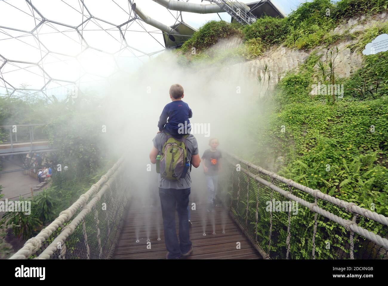 GRANDE-BRETAGNE / Cornouailles / Père et fils traversant le pont de pied bancal au-dessus du biome de la forêt tropicale à Eden Project. Banque D'Images