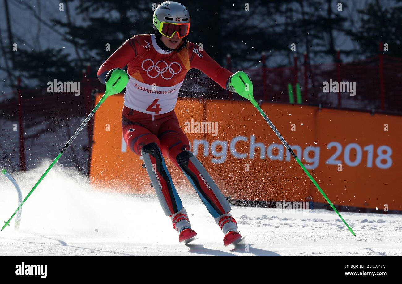 Henrik KRISTOFFERSEN, de Norvège, pendant le slalom masculin des Jeux olympiques d'hiver de 2018 à Pyeongchang, Corée du Sud, le 22 février 2018. Photo de Guiliano Bevilacqua/ABACAPRESS.COM Banque D'Images