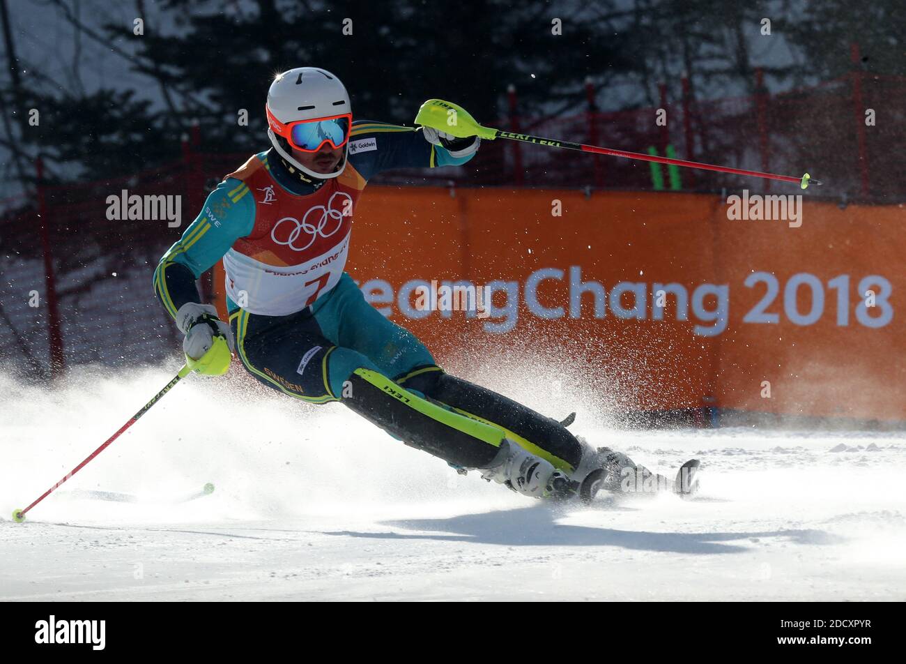 Andre Myhrer de Suède pendant le slalom masculin aux Jeux olympiques d'hiver de 2018 à Pyeongchang, Corée du Sud, le 22 février 2018. Photo de Guiliano Bevilacqua/ABACAPRESS.COM Banque D'Images