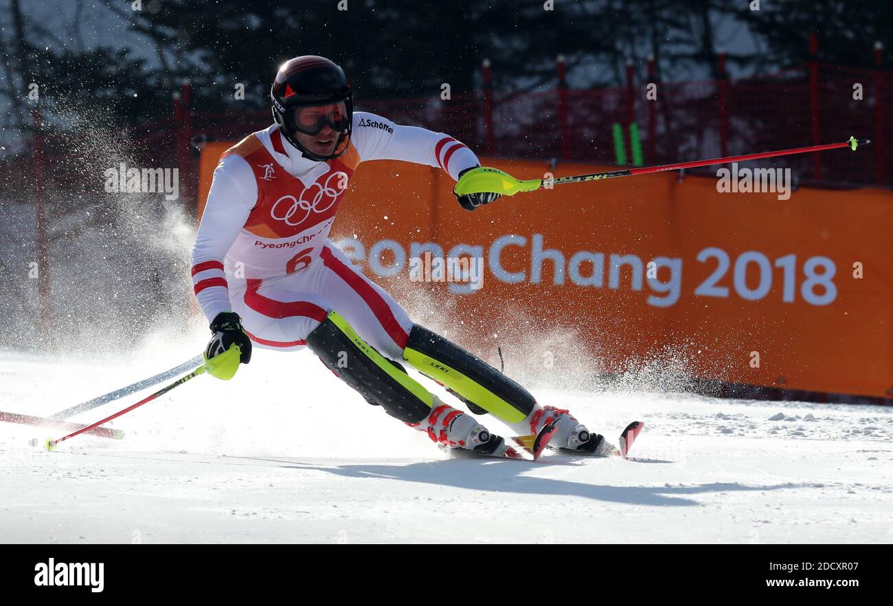 Michael MATT, d'Autriche, pendant le slalom masculin aux Jeux olympiques d'hiver de 2018 à Pyeongchang, Corée du Sud, le 22 février 2018. Photo de Guiliano Bevilacqua/ABACAPRESS.COM Banque D'Images