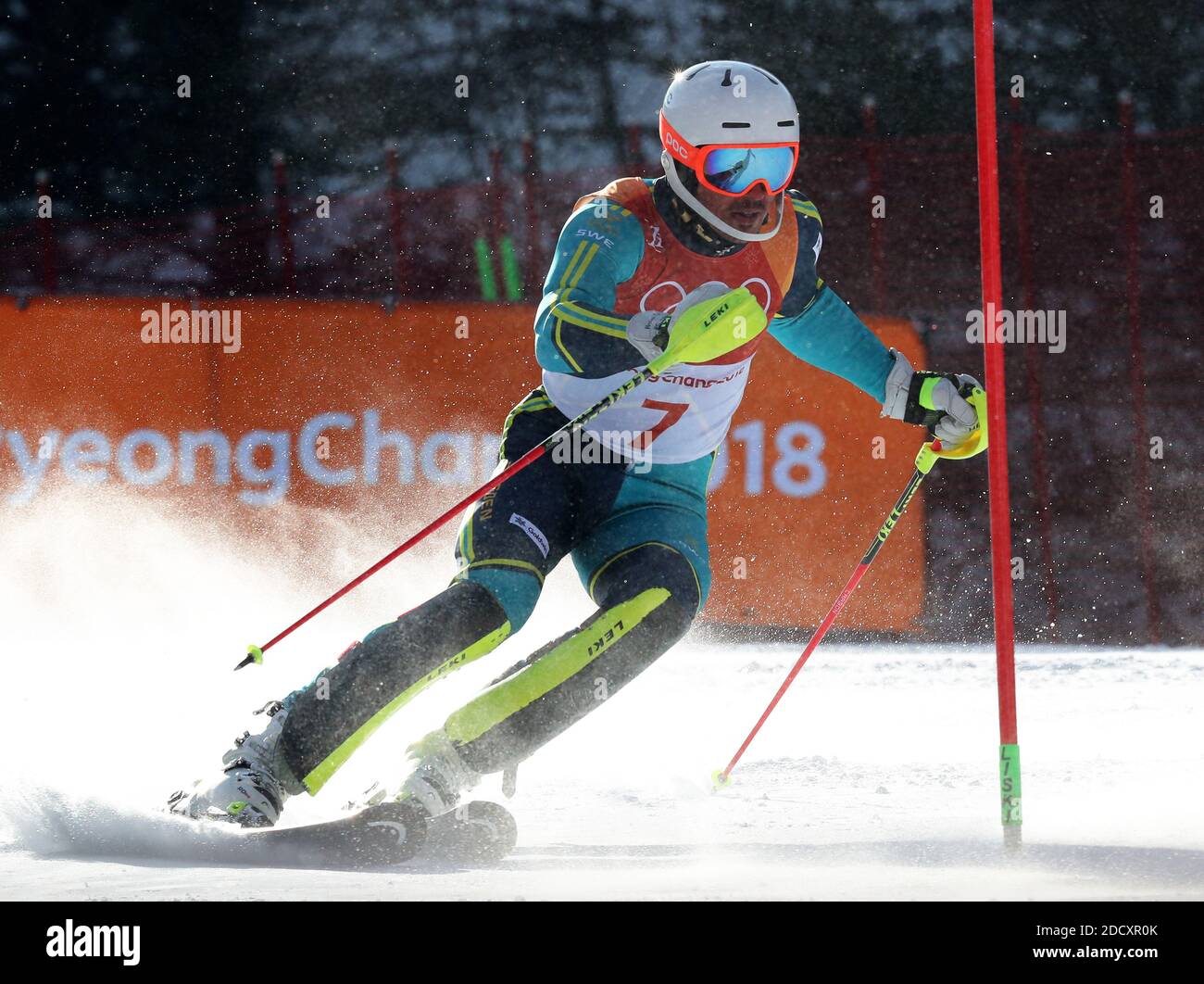 Andre Myhrer de Suède pendant le slalom masculin aux Jeux olympiques d'hiver de 2018 à Pyeongchang, Corée du Sud, le 22 février 2018. Photo de Guiliano Bevilacqua/ABACAPRESS.COM Banque D'Images