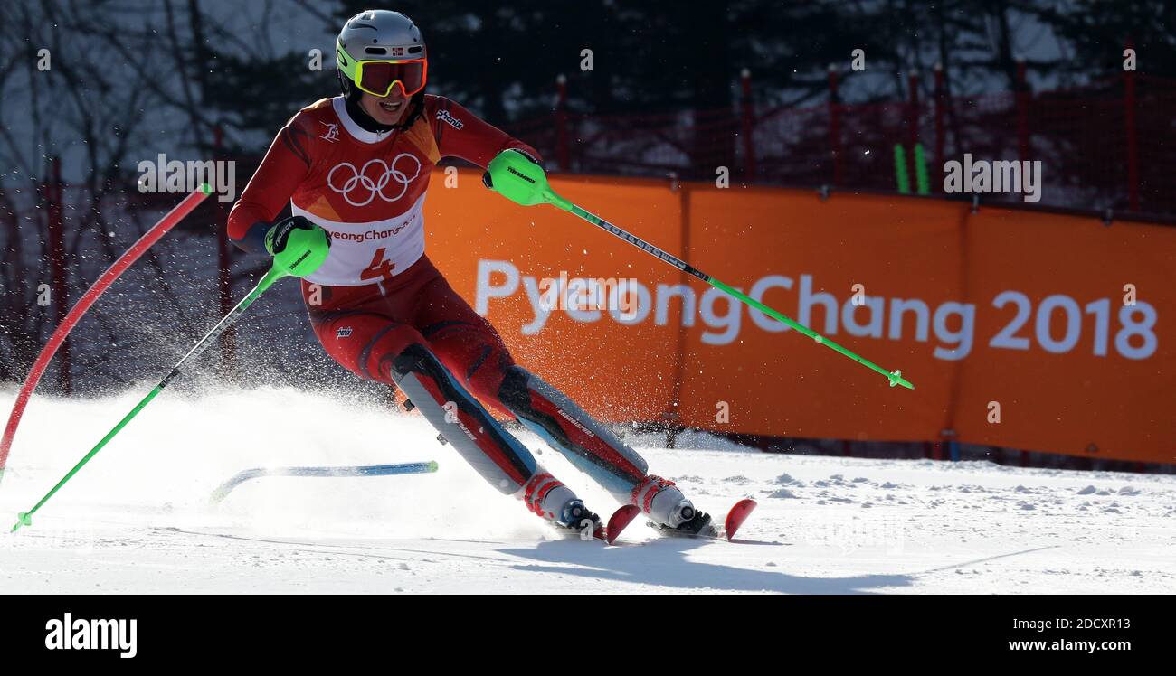 Henrik KRISTOFFERSEN, de Norvège, pendant le slalom masculin des Jeux olympiques d'hiver de 2018 à Pyeongchang, Corée du Sud, le 22 février 2018. Photo de Guiliano Bevilacqua/ABACAPRESS.COM Banque D'Images