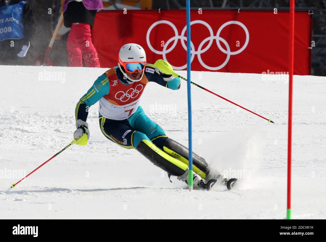 André Myhrer, médaillé d'or de Suède, pendant le slalom masculin aux Jeux olympiques d'hiver de 2018 à Pyeongchang, Corée du Sud, le 22 février 2018. Photo de Guiliano Bevilacqua/ABACAPRESS.COM Banque D'Images