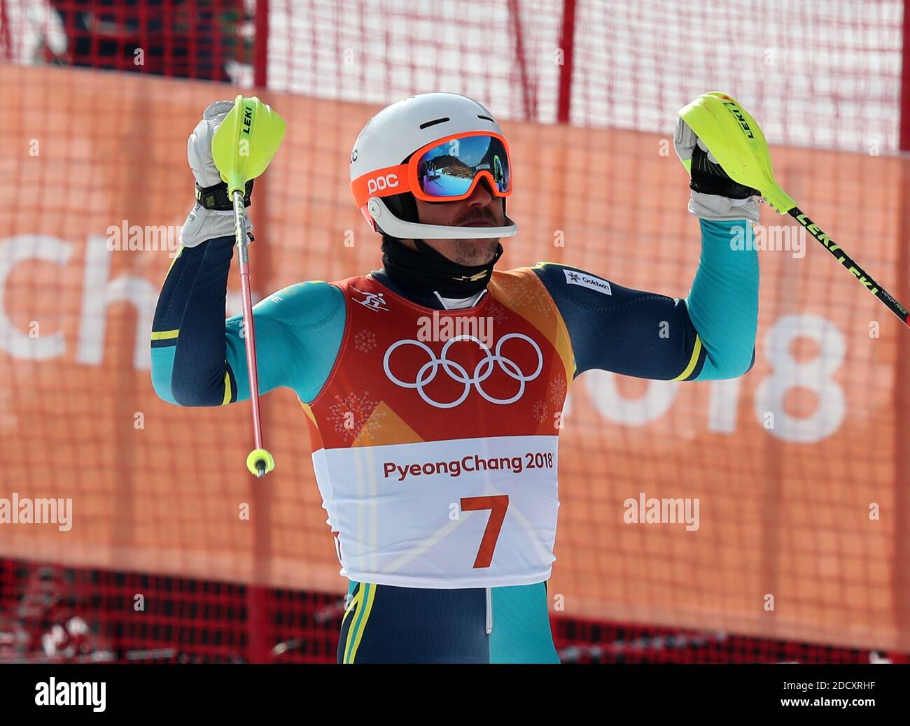 Le médaillé d'or André Myhrer, de Suède, célèbre après le slalom masculin aux Jeux olympiques d'hiver de 2018 à Pyeongchang, en Corée du Sud, le 22 février 2018. Photo de Guiliano Bevilacqua/ABACAPRESS.COM Banque D'Images