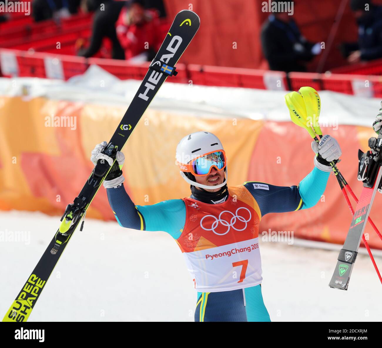 Le médaillé d'or André Myhrer, de Suède, célèbre après le slalom masculin aux Jeux olympiques d'hiver de 2018 à Pyeongchang, en Corée du Sud, le 22 février 2018. Photo de Guiliano Bevilacqua/ABACAPRESS.COM Banque D'Images