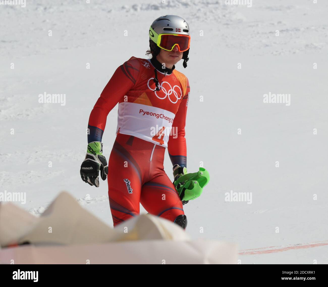 Henrik Kristoffersen de Norvège, après son erreur fatale lors de la deuxième course lors de la slalom masculin aux Jeux olympiques d'hiver de 2018 à Pyeongchang, Corée du Sud, le 22 février 2018. Photo de Guiliano Bevilacqua/ABACAPRESS.COM Banque D'Images