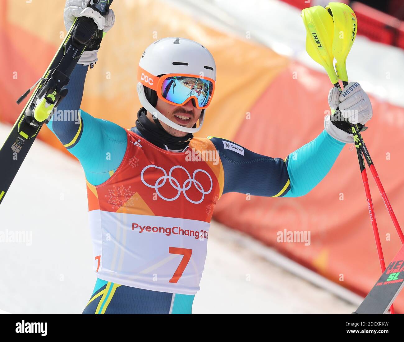Le médaillé d'or André Myhrer, de Suède, célèbre après le slalom masculin aux Jeux olympiques d'hiver de 2018 à Pyeongchang, en Corée du Sud, le 22 février 2018. Photo de Guiliano Bevilacqua/ABACAPRESS.COM Banque D'Images