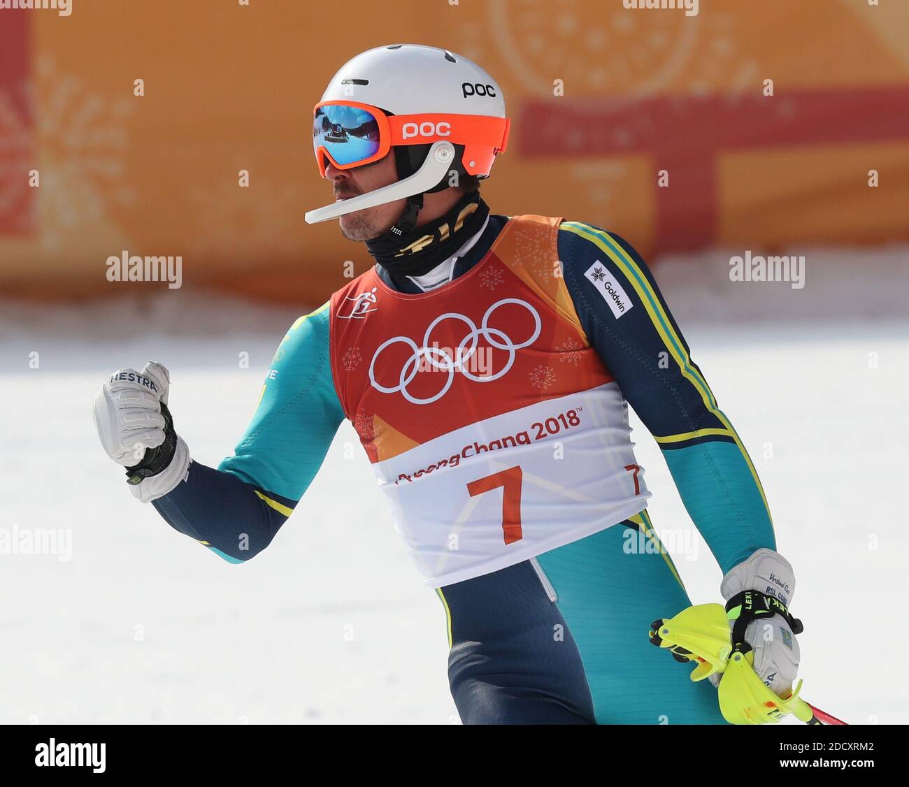 Le médaillé d'or André Myhrer, de Suède, célèbre après le slalom masculin aux Jeux olympiques d'hiver de 2018 à Pyeongchang, en Corée du Sud, le 22 février 2018. Photo de Guiliano Bevilacqua/ABACAPRESS.COM Banque D'Images