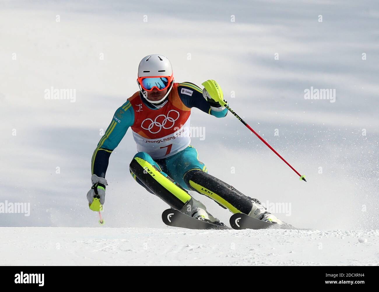 André Myhrer, médaillé d'or de Suède, pendant le slalom masculin aux Jeux olympiques d'hiver de 2018 à Pyeongchang, Corée du Sud, le 22 février 2018. Photo de Guiliano Bevilacqua/ABACAPRESS.COM Banque D'Images