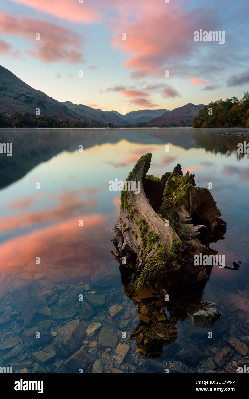 Magnifique lever de soleil rose avec des reflets calmes à Ullswater, dans le Lake District. Banque D'Images