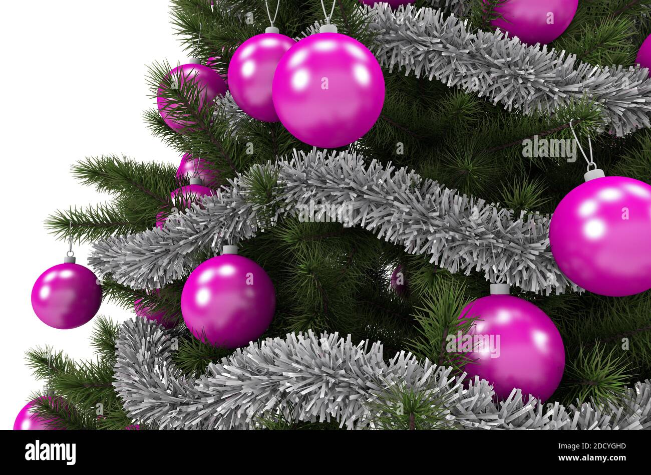 Noël arbre de Noël ornements roses gros plan 3D rendu Illustration isolé sur fond blanc Uni. Banque D'Images