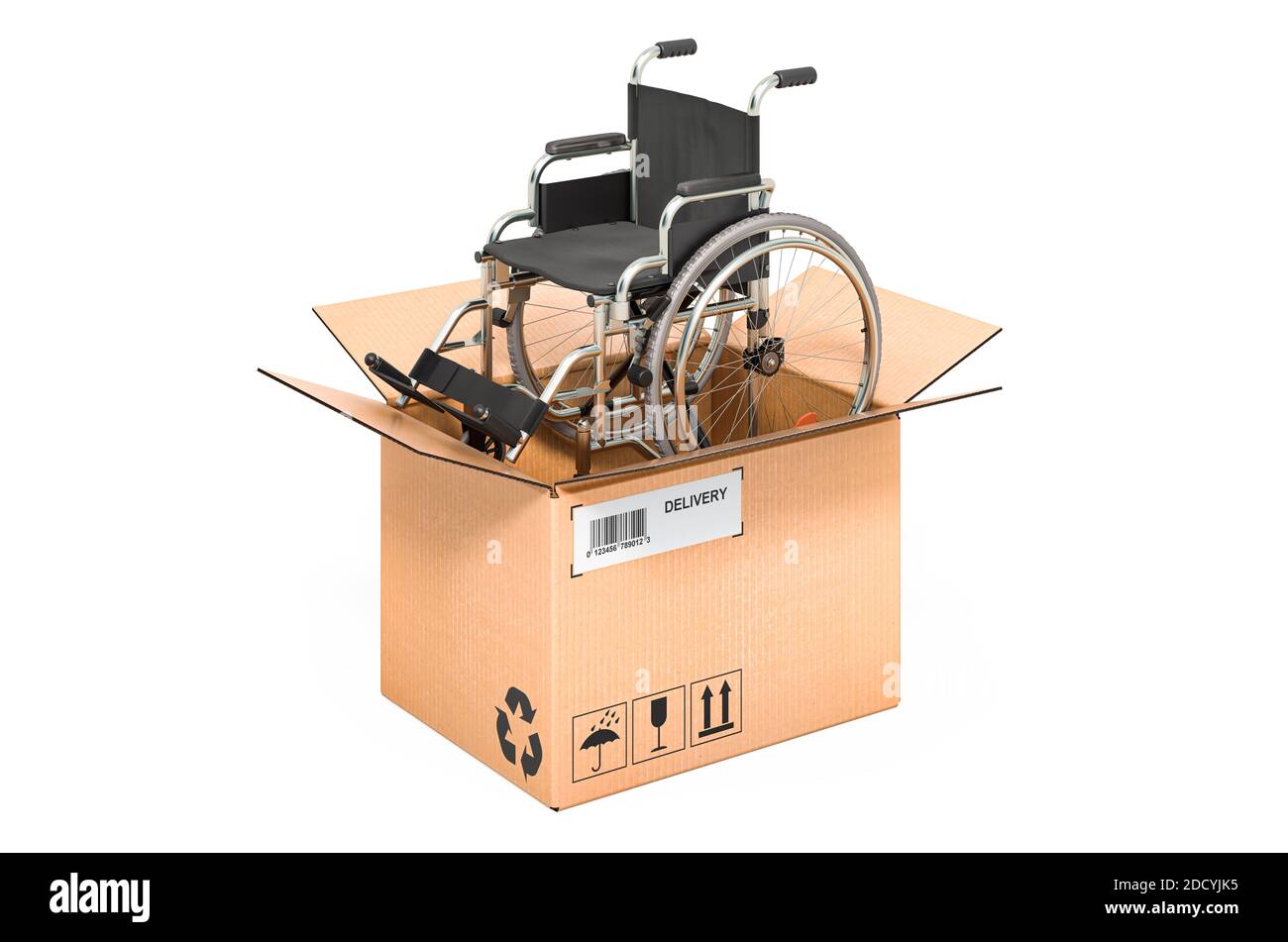 Fauteuil roulant manuel à l'intérieur d'une boîte en carton, concept de livraison. Rendu 3D isolé sur fond blanc Banque D'Images