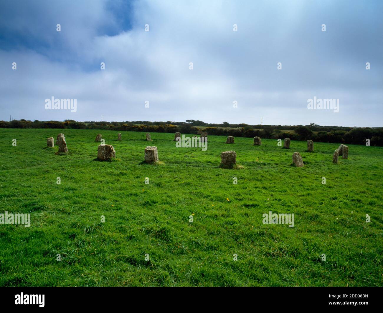 Regarder S au cercle de pierres Merry Maidens, Boleigh, Cornwall: Un cercle parfait 78ft (23,8m) sur 19 pierres, espacées uniformément à 12ft (3,7m) l'un de l'autre. Banque D'Images