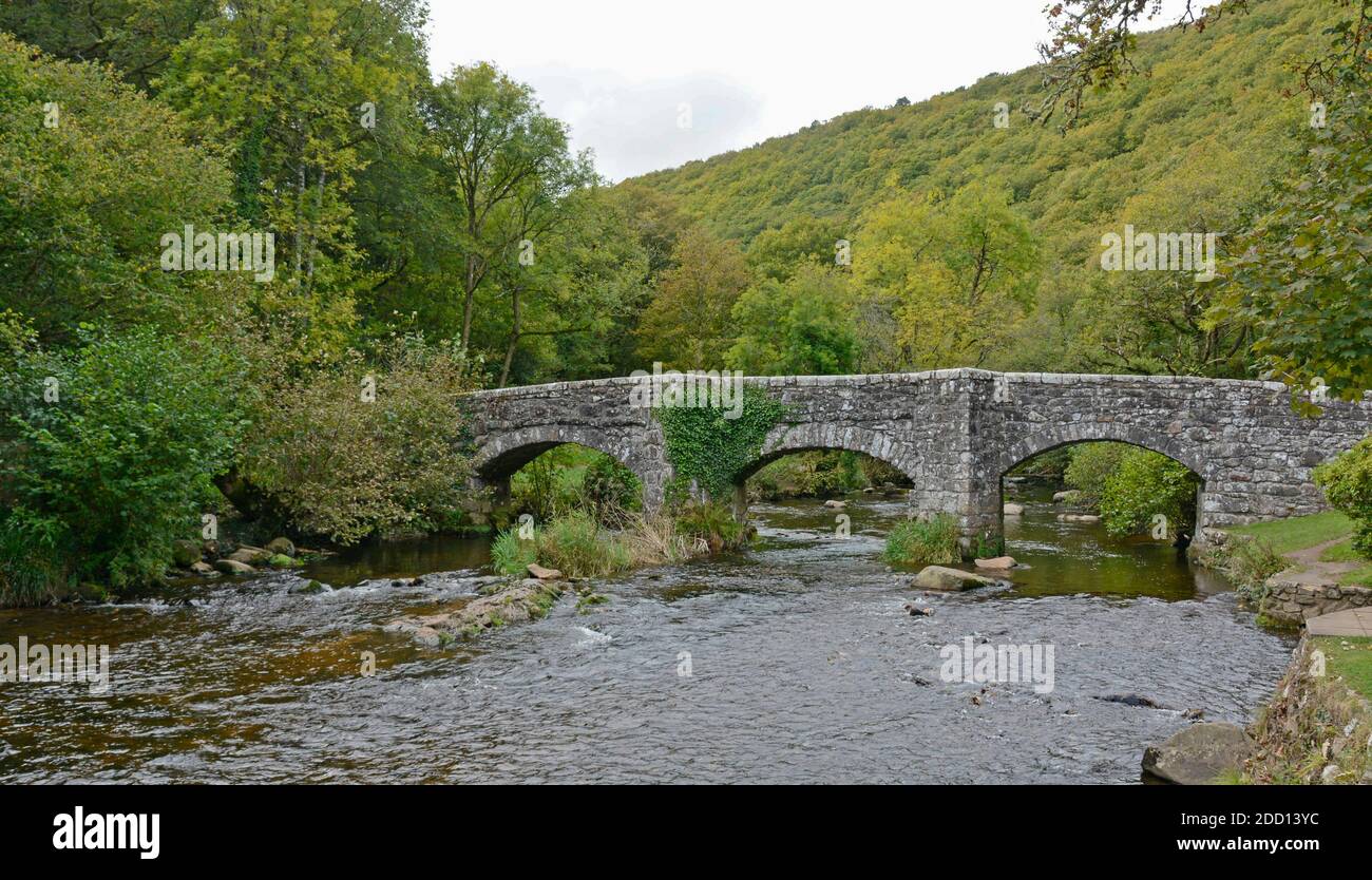 Fingle Bridge de l'autre côté de la rivière Teign, Dartmoor, Devon Banque D'Images
