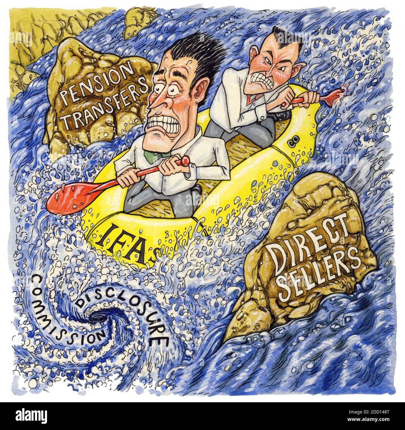 Illustration travail d'art sur le thème de la navigation des eaux de retraite difficiles entre vendeurs directs, conseillers financiers indépendants, IFA, transferts de pensions Banque D'Images