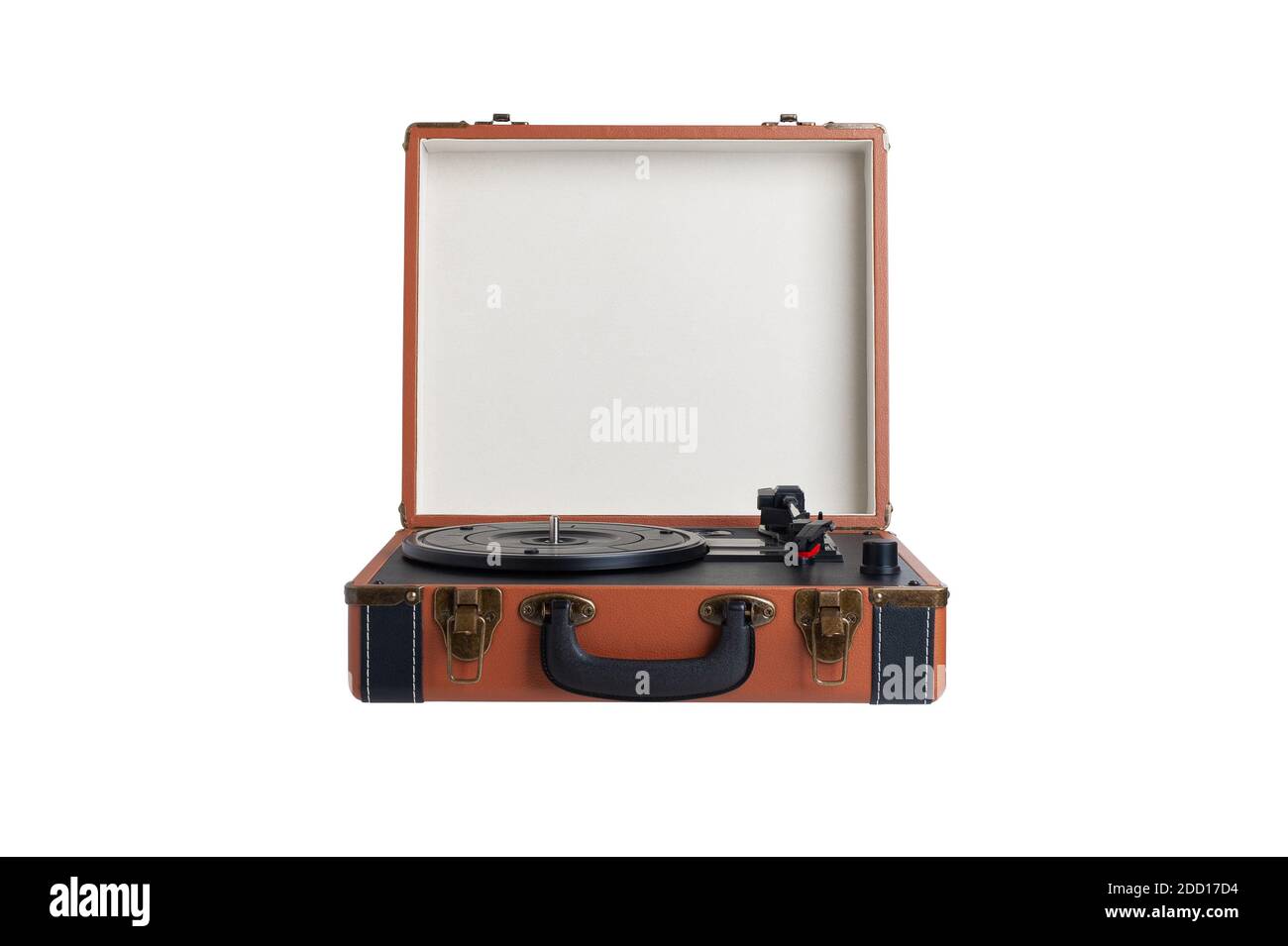 gramophone platine marron en valise, lecteur de disques en vinyle isolé sur fond blanc Banque D'Images