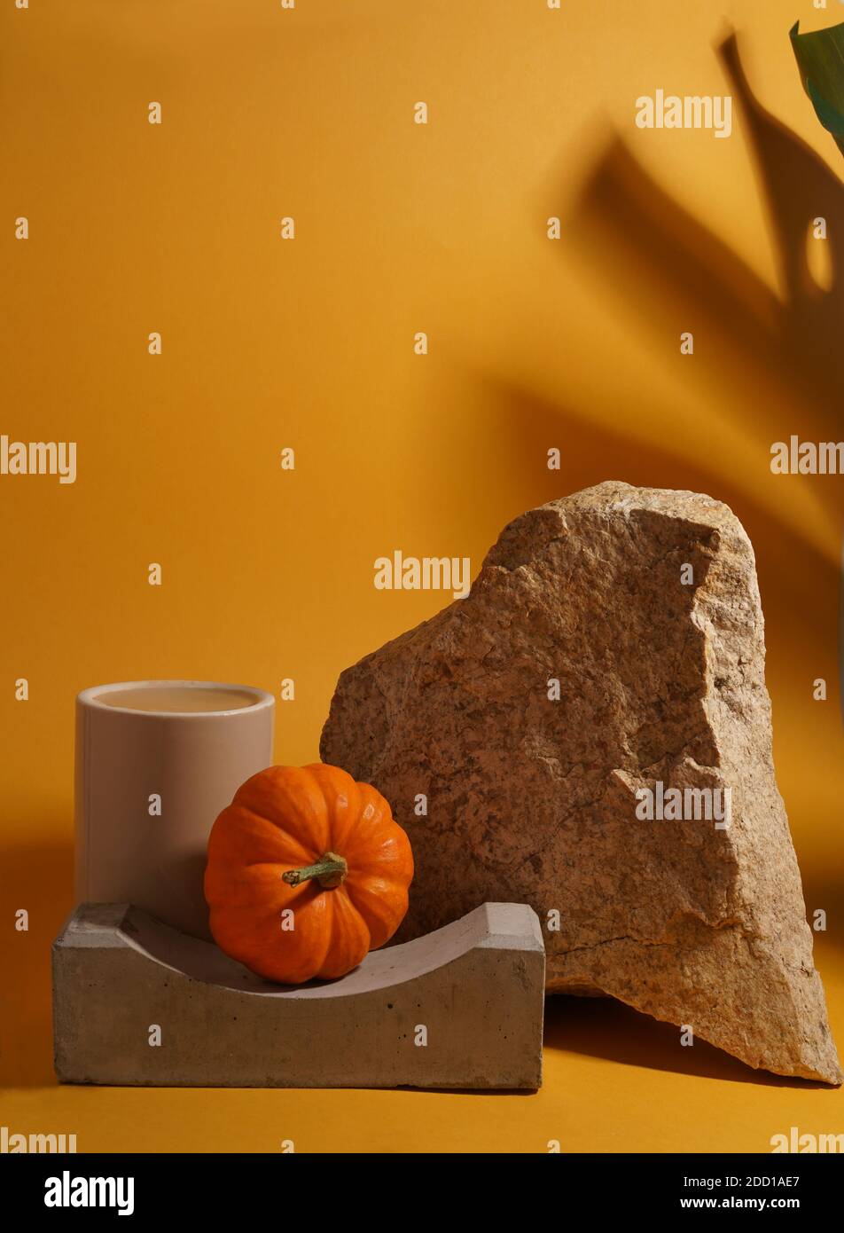 Potiron sur un podium sur fond jaune avec ombre végétale et pierres, un pied rond en céramique pour votre produit, cosmétiques Banque D'Images