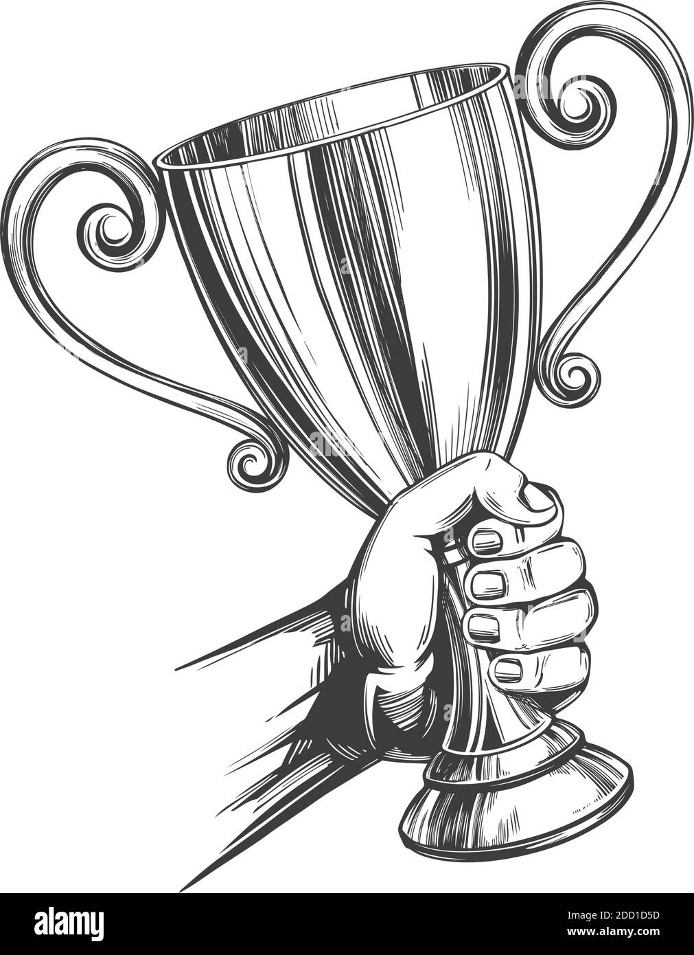 Prix, main forte tenant une tasse trophée dessin à la main illustration vectorielle esquisse réaliste Illustration de Vecteur