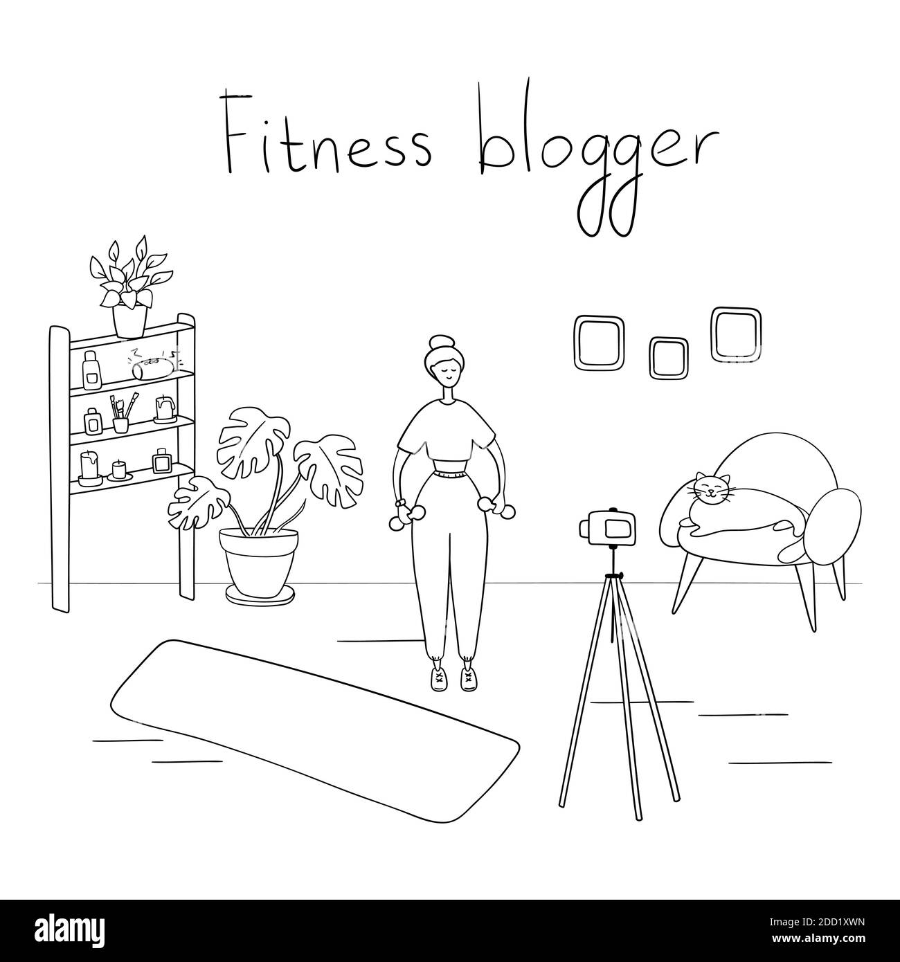 Blogueur de forme physique. La jeune femme enregistre des vidéos. Sportswoman montre des exercices sur le blog. Internet star diffuse en direct pour ses abonnés. Illustrateur vectoriel Illustration de Vecteur