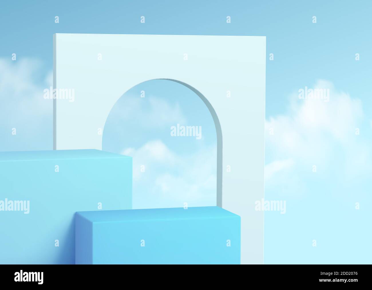 Podium bleu sur fond de ciel clair avec nuages. Podium show produit cosmétique 3d Realistic Vector illustration Illustration de Vecteur