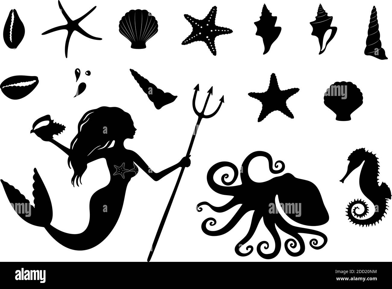 Collection de faune sous-marine et silhouettes à encre noire de sirène isolées sur blanc Illustration de Vecteur