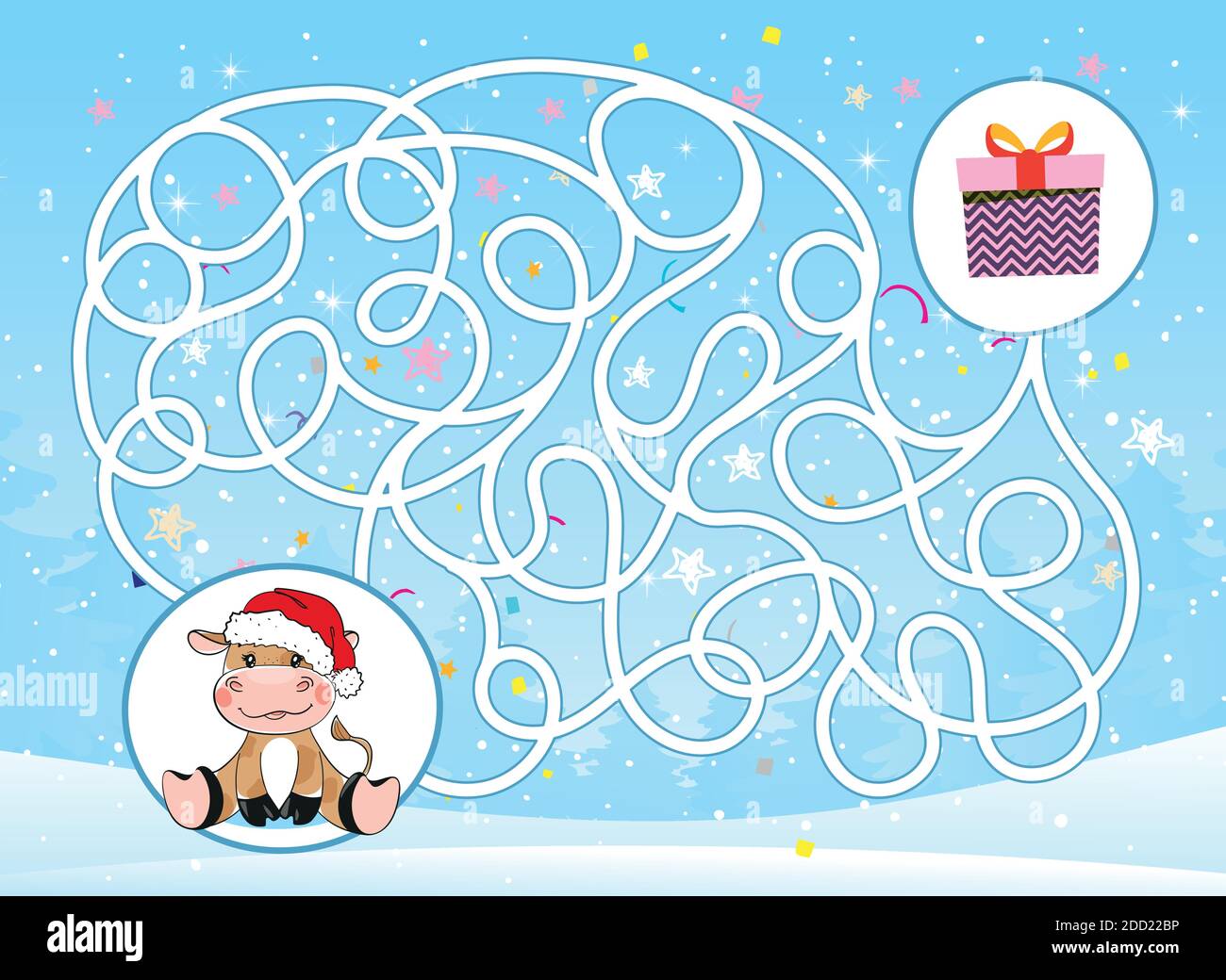 Aidez le taureau à trouver ses cadeaux pour la nouvelle année 2021. Labyrinthe pour les enfants, puzzle, jeux éducatifs pour la maternelle. Le nouveau-an avec un animal mignon. Labyrinthe en dessin animé plat, vecteur Illustration de Vecteur