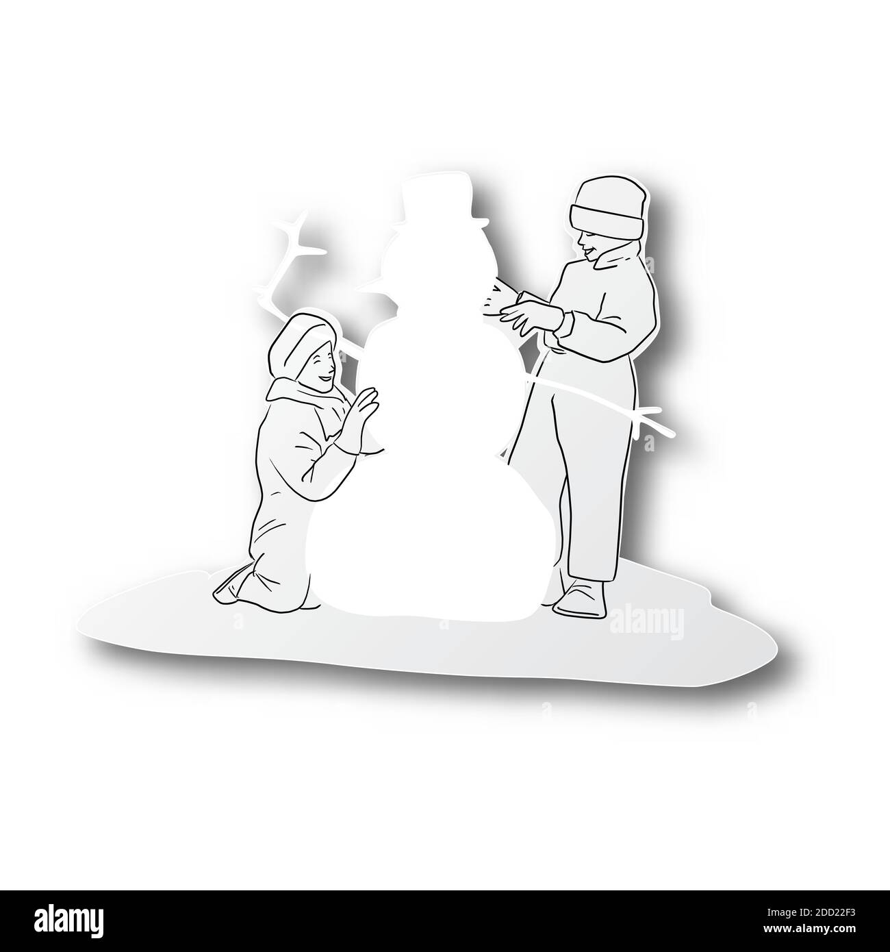 Illustration vectorielle ligne noire dessinée à la main de la construction de deux enfants bonhomme de neige sur papier coupé avec ombre isolée sur blanc arrière-plan Illustration de Vecteur